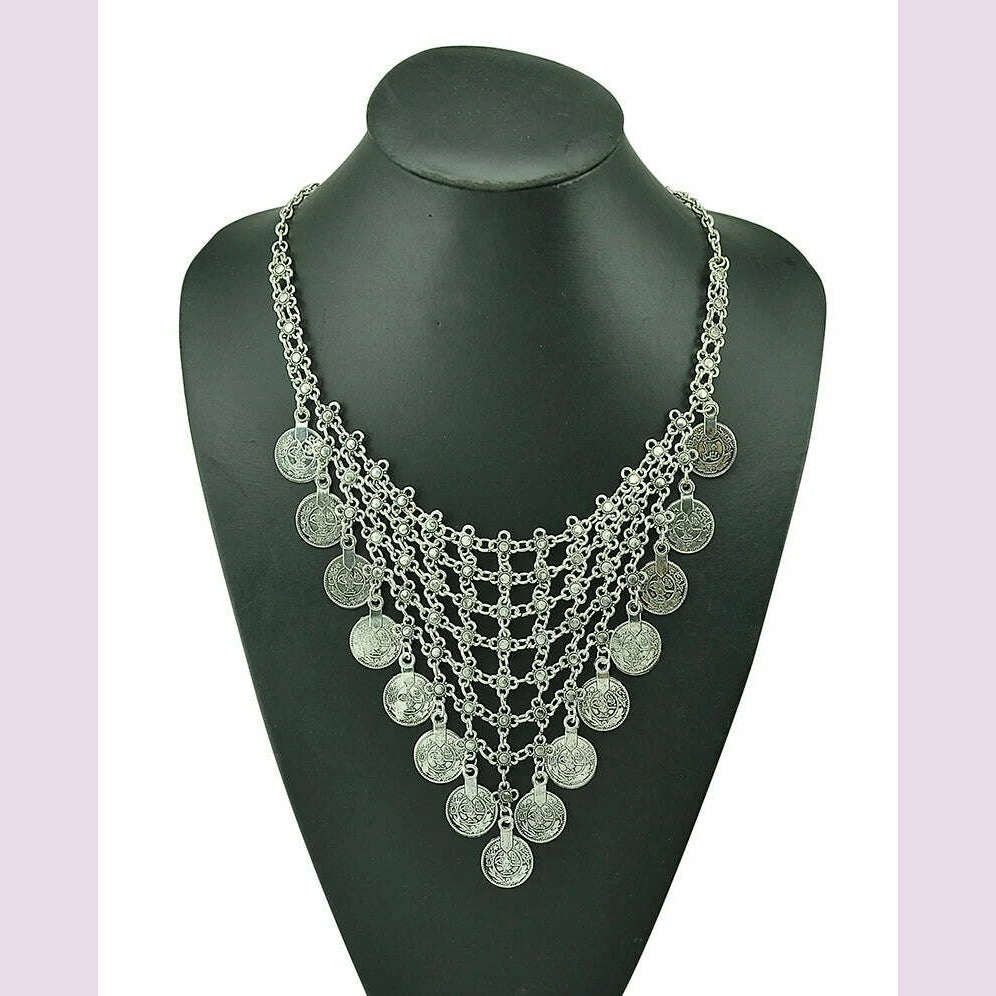 Boho Vintage Ethnic Metal Coins Necklace for Women Gypsy Choker Collar Statement Necklaces Afghan Turkish Maxi Festival Jewelry