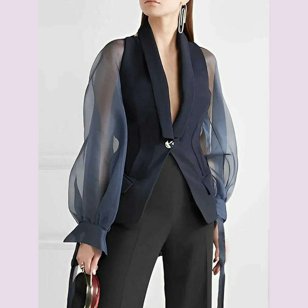 Bonboho Blazer Suits Top for Women Lapel V-neck Puff Sleeve Buttoned Shirt & Blouse for Urban Female Spring and Summer Tops