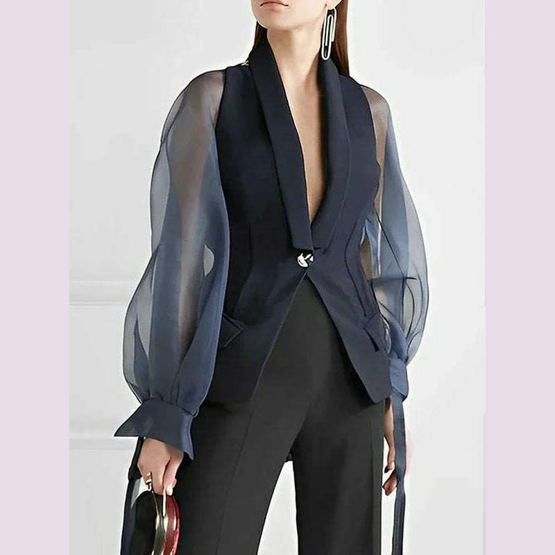Bonboho Blazer Suits Top for Women Lapel V-neck Puff Sleeve Buttoned Shirt & Blouse for Urban Female Spring and Summer Tops