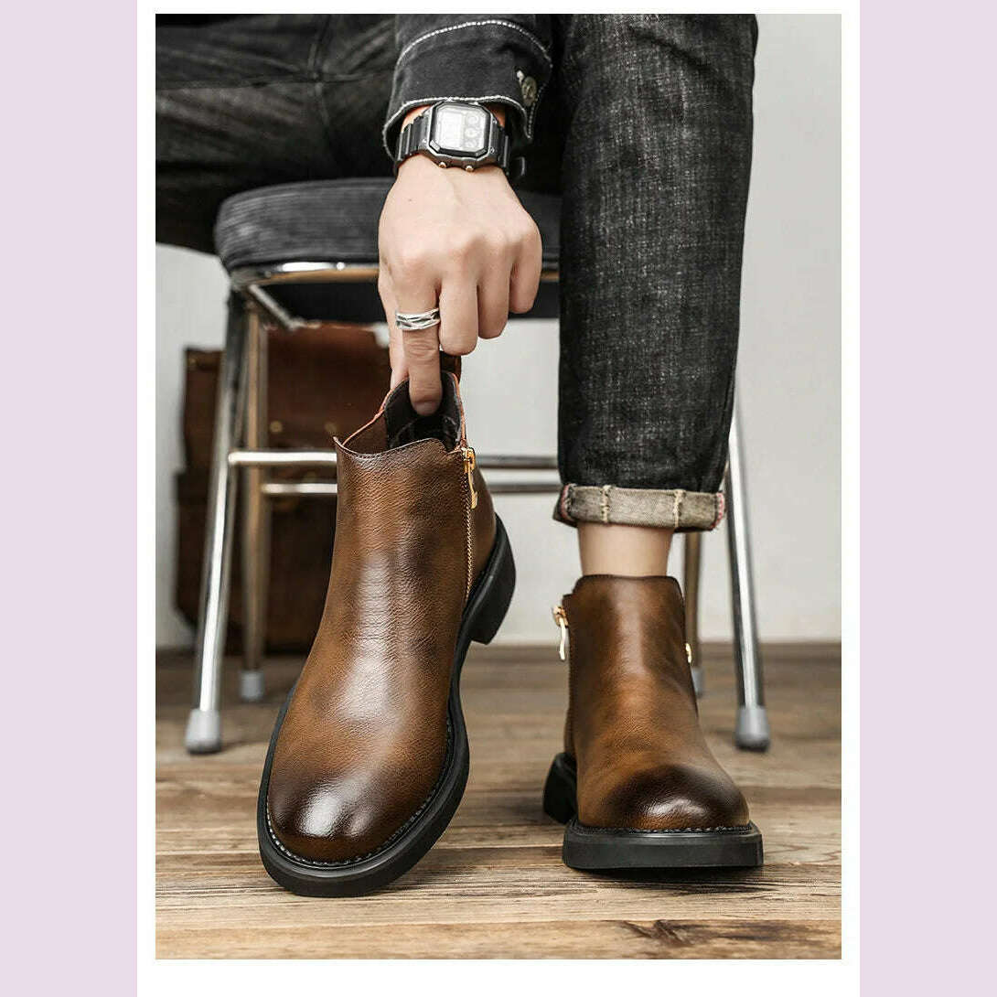 British Style Men's Chelsea Boots New Fashion Male Chelsea Boots Genuine Leather Elastic Strap Ankle Boots Business Dress Shoes