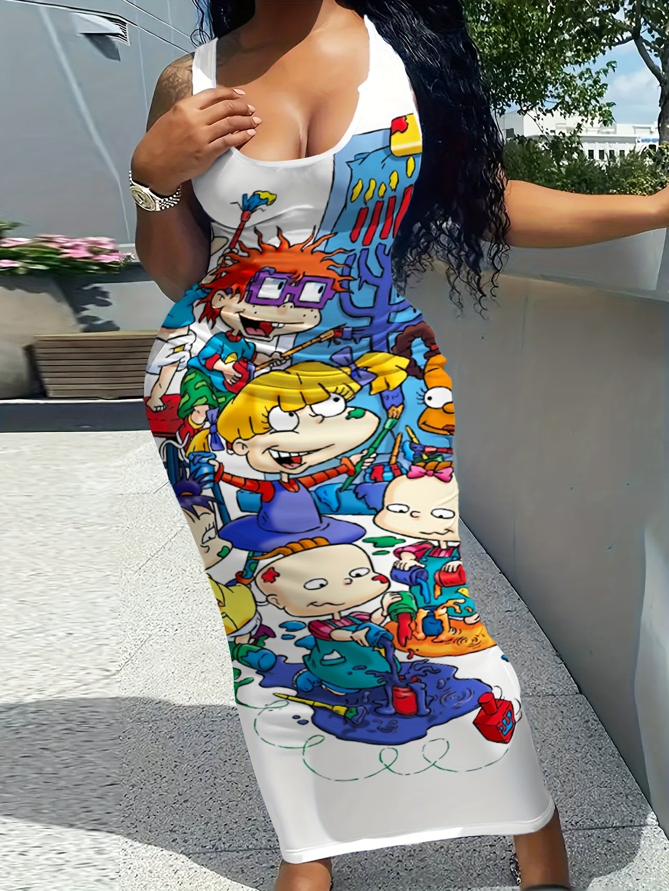 Cartoon Character Print Tank Dress, Casual Crew Neck Sleeveless Bodycon Dress, Women's Clothing