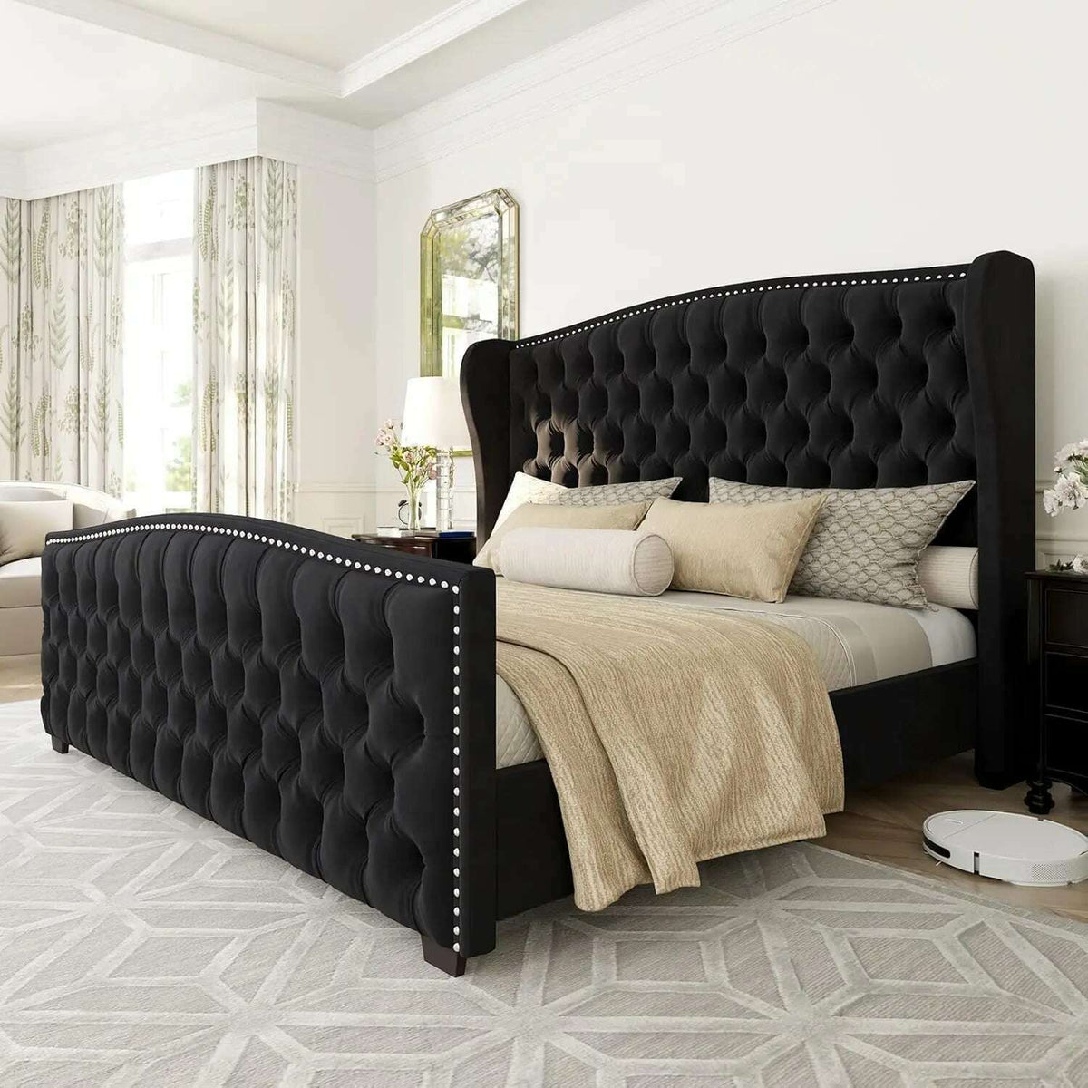 California King Size Platform Bed Frame, Velvet Upholstered Bed with Deep Button Tufted & Nailhead Trim Wingback Headboard,Black