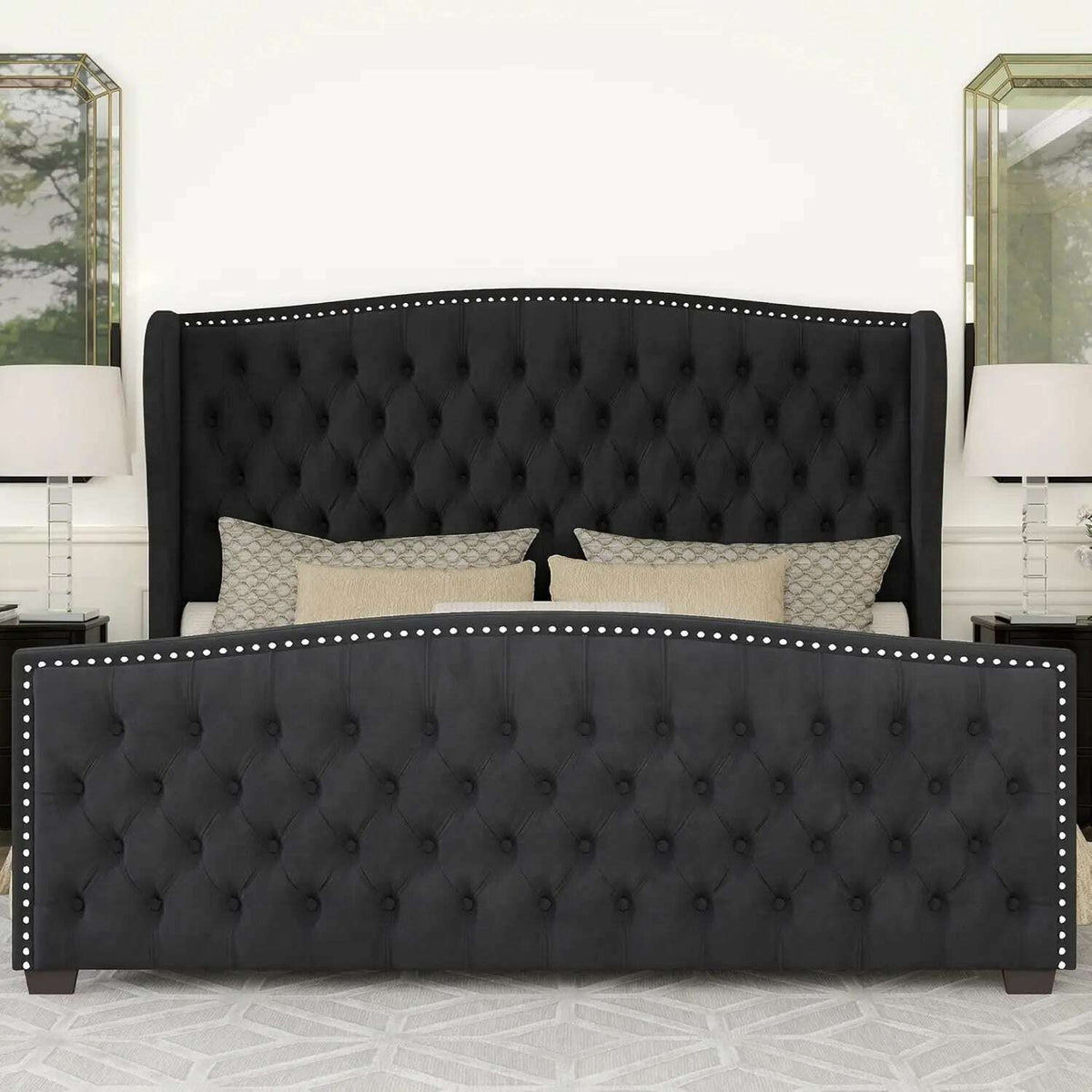 California King Size Platform Bed Frame, Velvet Upholstered Bed with Deep Button Tufted & Nailhead Trim Wingback Headboard,Black