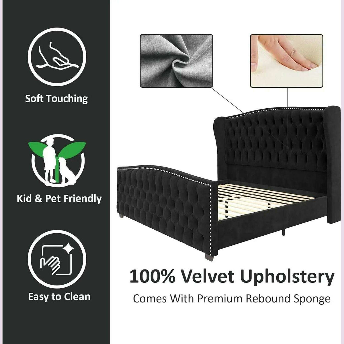 California King Size Platform Bed Frame, Velvet Upholstered Bed with Deep Button Tufted & Nailhead Trim Wingback Headboard,Black