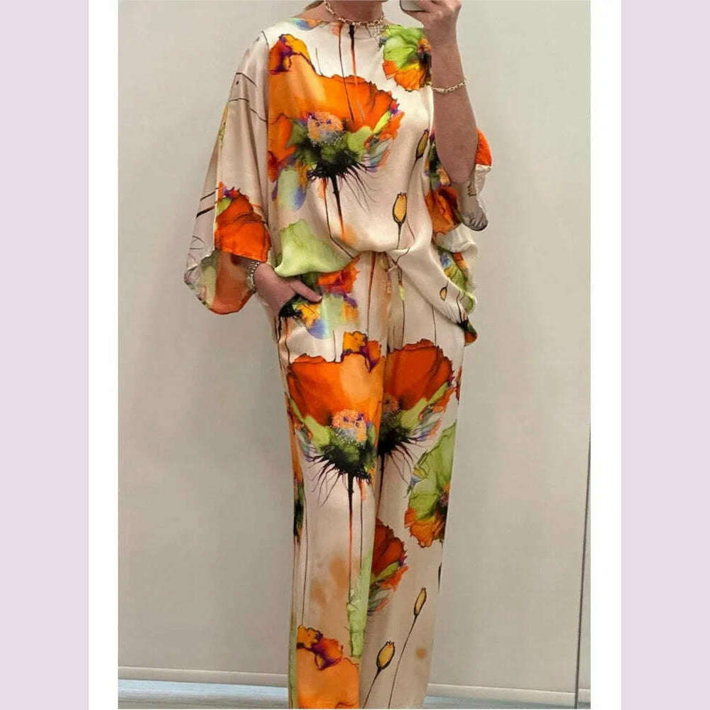 Casual Sets for Women 2 pieces Summer Fashion Printed Satin Two Piece Sets Women Sexy Round Neck Top+Wide Leg Long Pants Outfits