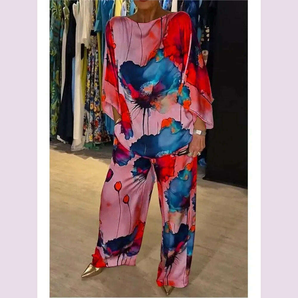 Casual Sets for Women 2 pieces Summer Fashion Printed Satin Two Piece Sets Women Sexy Round Neck Top+Wide Leg Long Pants Outfits