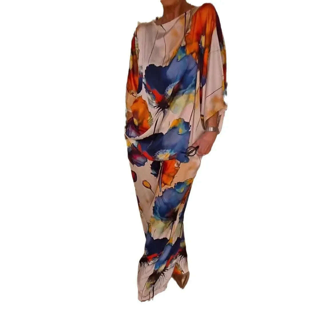 Casual Sets for Women 2 pieces Summer Fashion Printed Satin Two Piece Sets Women Sexy Round Neck Top+Wide Leg Long Pants Outfits