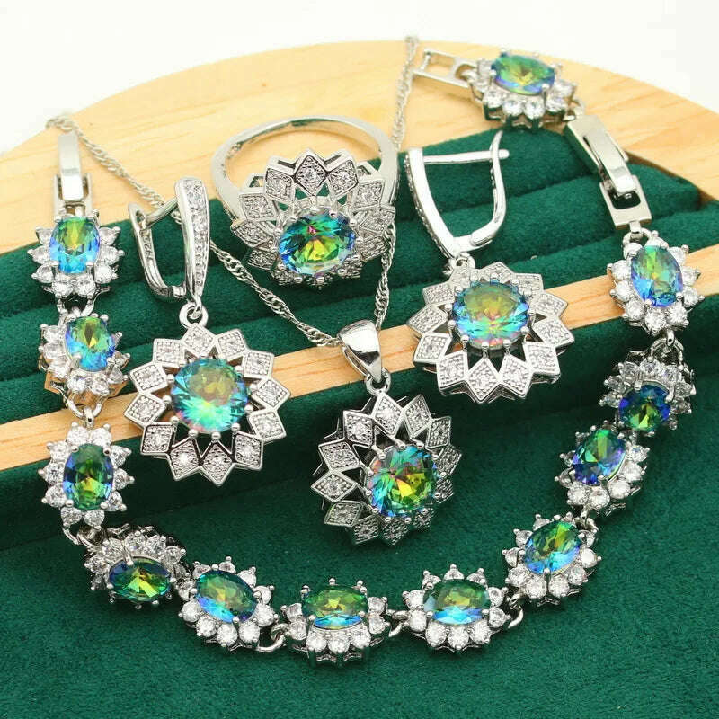 Classic Rainbow Topaz 925 Sterling Silver Jewelry Sets For Women Bracelet Earrings Necklace pendant Ring Wedding Bride 4PCS