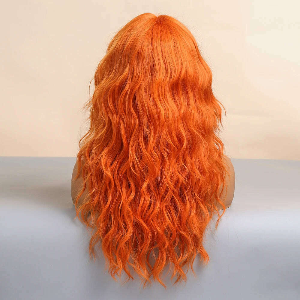 Cosplay Ginger Orange Long Curly Synthetic Wigs with Bangs Deep Wave Lolita Hair for Women Halloween Party Daily Heat Resistant