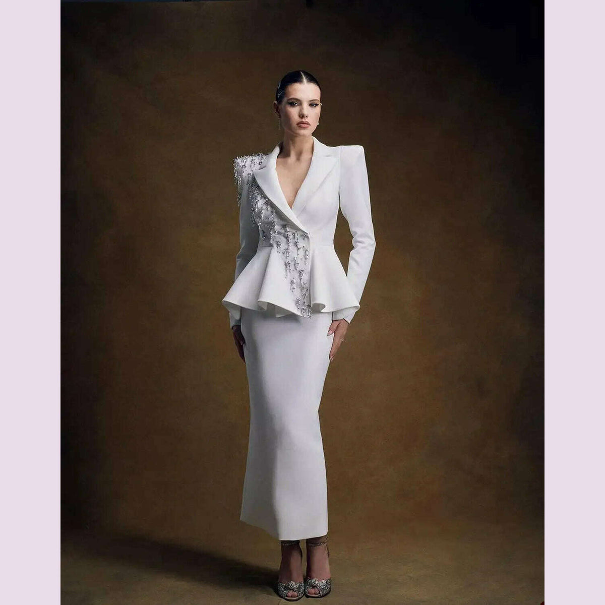 Crystal Beaded Women Suit Set Blazer And Skirts Formal Office Business Lady Prom Dress Jacket Coat Custom Size