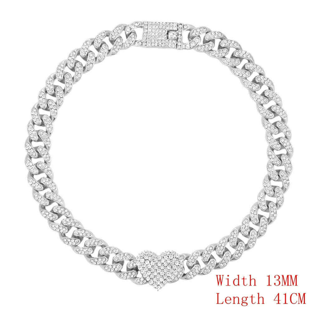Crystal Heart Cuban Link Chain Necklace for Women 15mm Bling Full Rhinestones Paved Heart Tennis Chain Necklace Hip Hop Jewelry