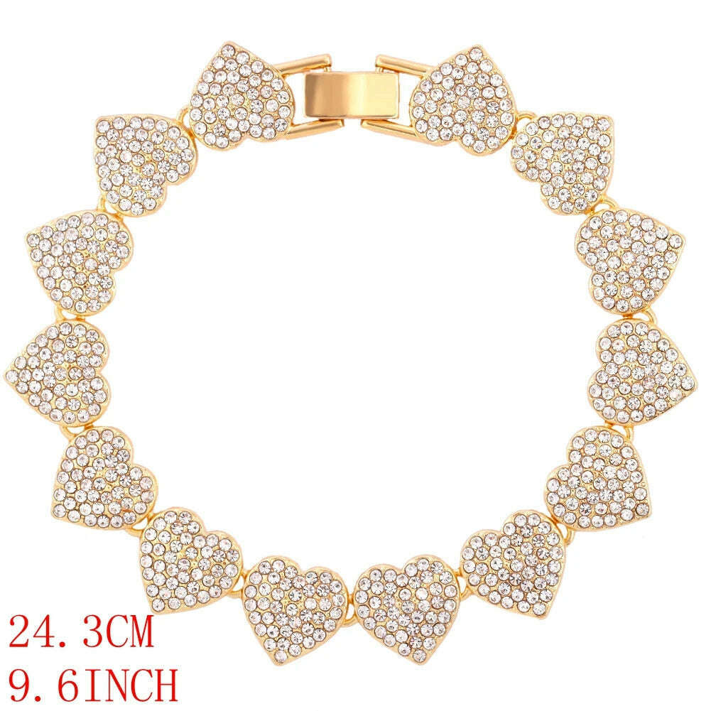 Crystal Heart Cuban Link Chain Necklace for Women 15mm Bling Full Rhinestones Paved Heart Tennis Chain Necklace Hip Hop Jewelry