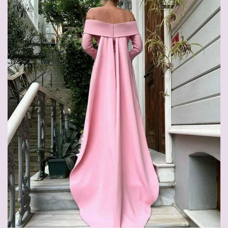 Customized Boat Neck Long Sleeves Button A Line Detachable Court Train Belt Hand Made Flower Custom Made Evening Dresses
