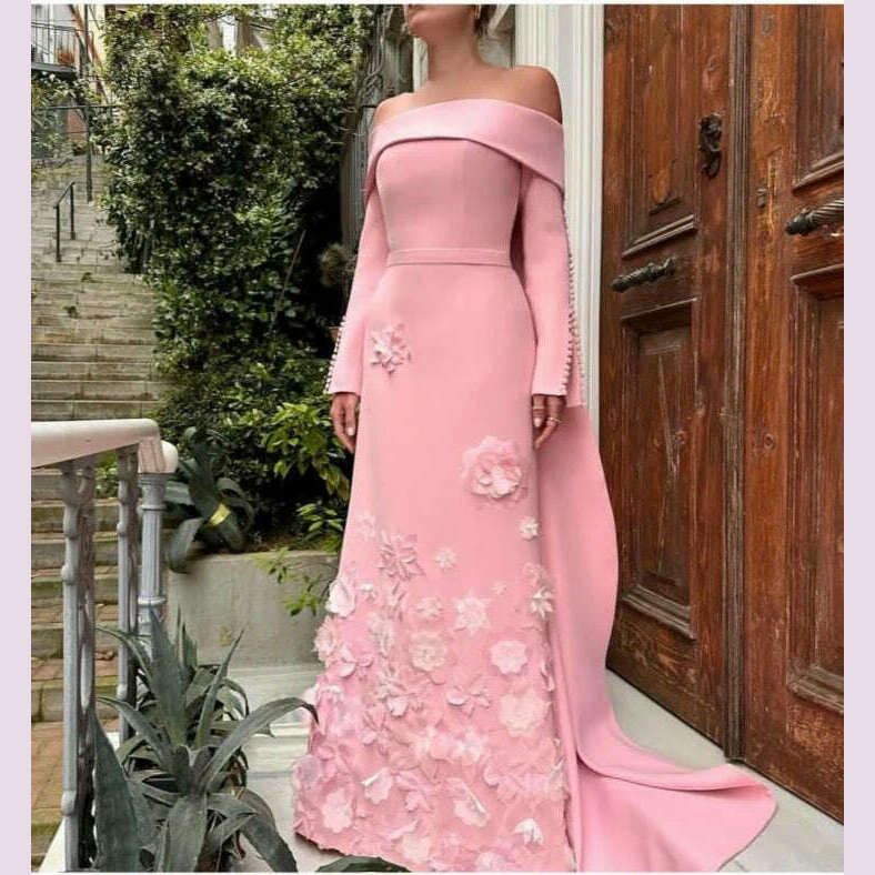 Customized Boat Neck Long Sleeves Button A Line Detachable Court Train Belt Hand Made Flower Custom Made Evening Dresses