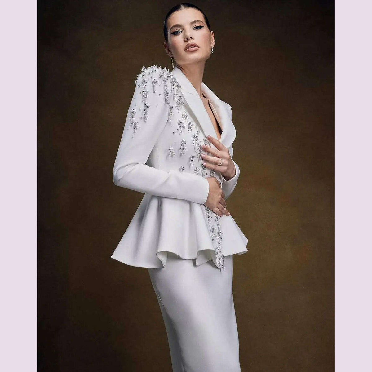 Customized Crystal Beaded Women Suit Set Blazer And Skirts Formal Office Business Lady Prom Dress Jacket Coat Custom Size