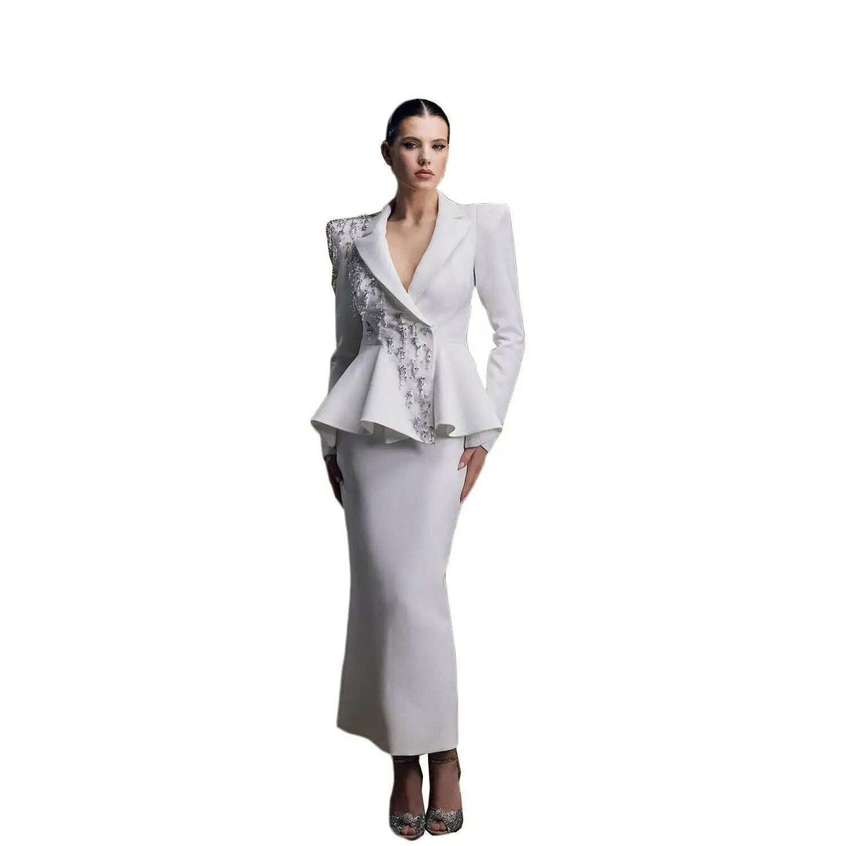 Customized Crystal Beaded Women Suit Set Blazer And Skirts Formal Office Business Lady Prom Dress Jacket Coat Custom Size