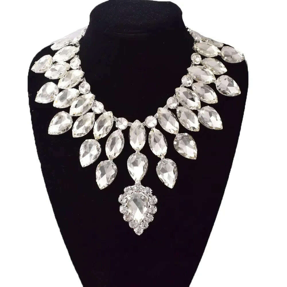 Dazzling Glass Strass Pendant Necklace for Women Big Jewelry Rhinestone Crystal Wedding Stage Accessories