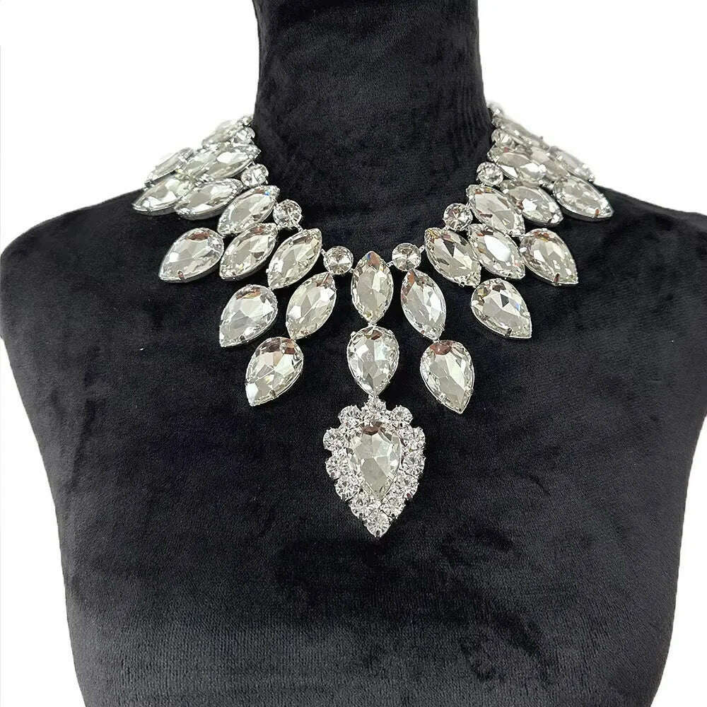 Dazzling Glass Strass Pendant Necklace for Women Big Jewelry Rhinestone Crystal Wedding Stage Accessories