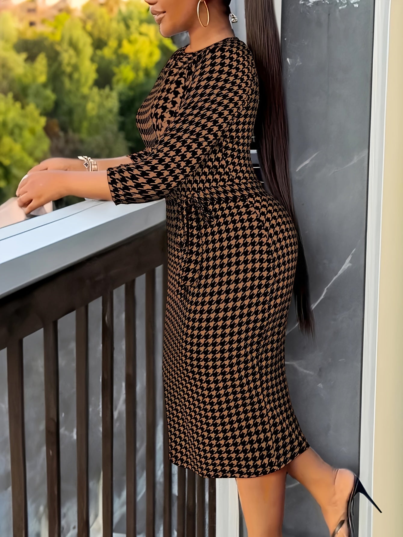 Plus Size Houndstooth Glamour Dress - Flattering 3/4 Sleeves, Bodycon Fit with Belted Waist - Perfect for Spring & Fall - Curvy Womens Fashion Essential