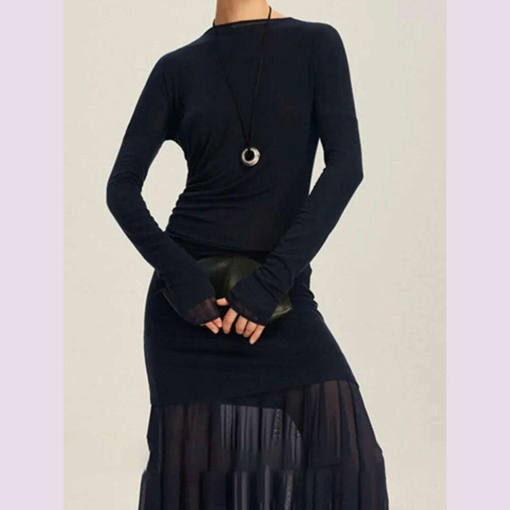 DEAT Elegant Dress O-neck Long Sleeve Elastic Gauze Patchwork Pleated Women's Evening Party Dresses 2024 Autumn New Tide 35Z1131