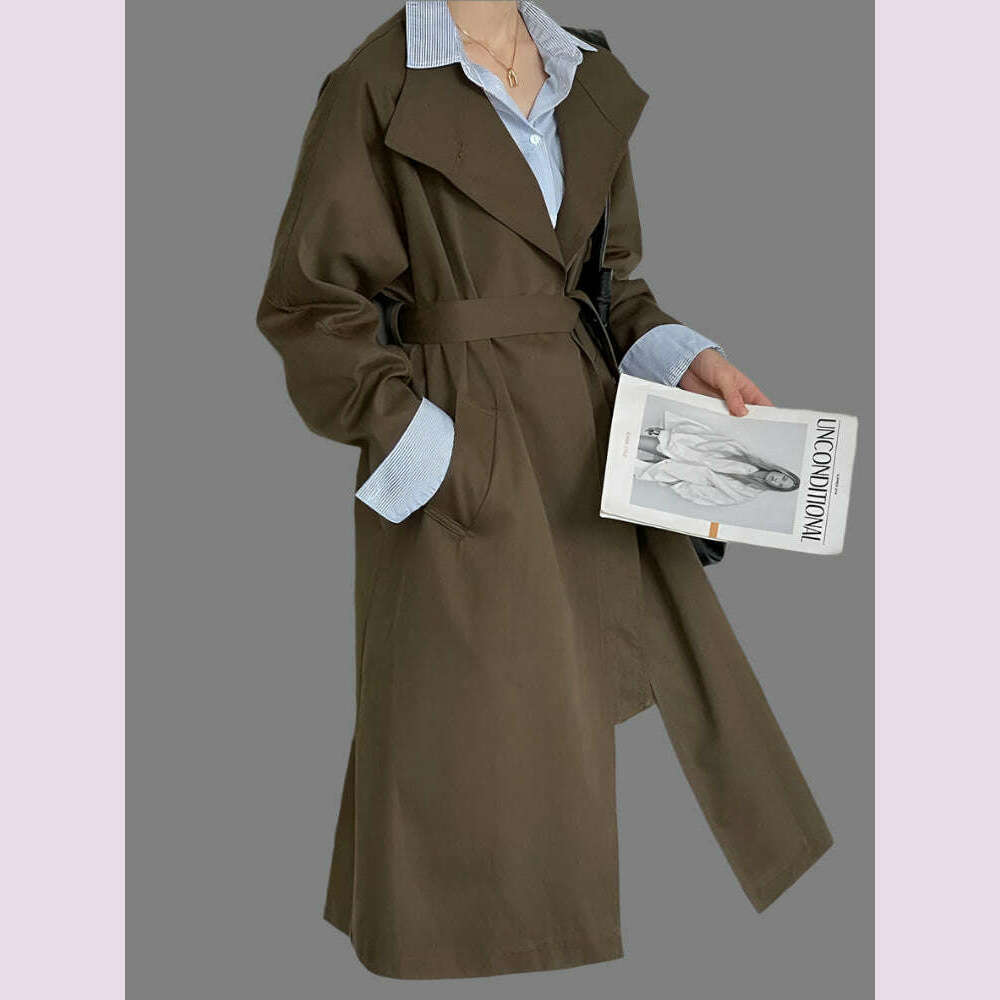 DEAT Fashion Women Trench Coat Big Lapel Loose Long Sleeves Single Button Gray Sashes Loose Windbreaker Autumn 2025 New 7AB5197