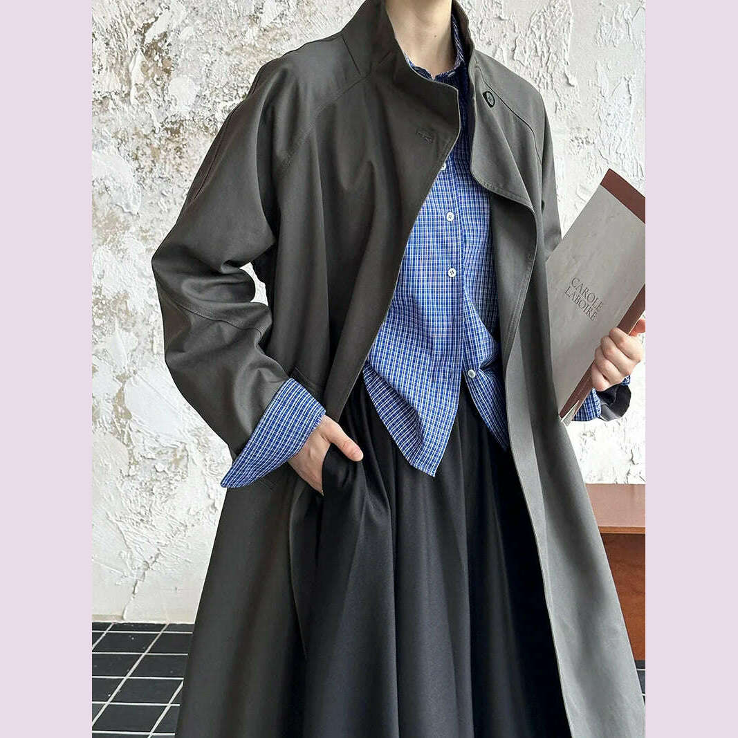 DEAT Fashion Women Trench Coat Big Lapel Loose Long Sleeves Single Button Gray Sashes Loose Windbreaker Autumn 2025 New 7AB5197