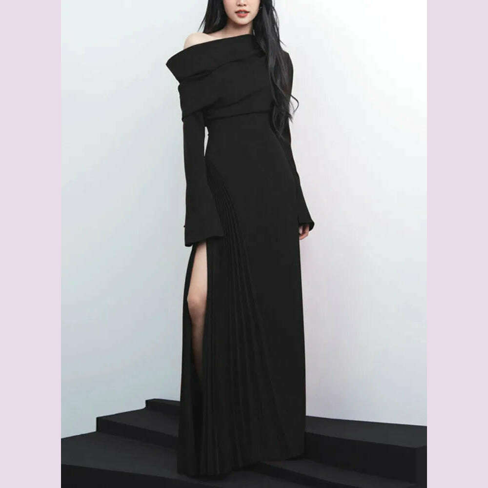 DEAT Fashion Women's Elegant Dress Folds Diagonal Collar Slim High Waist Side Slit Pleated Ankle-length Dresses Autumn 2025 New