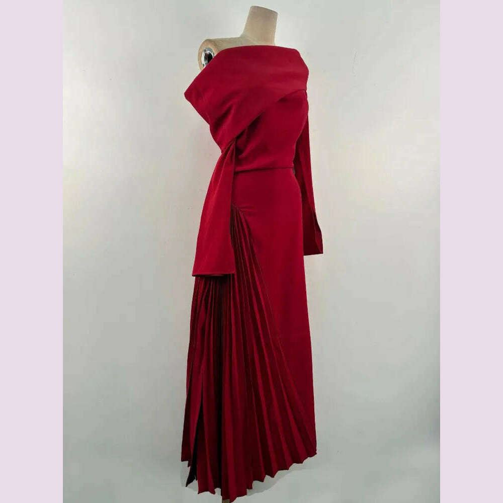 DEAT Fashion Women's Elegant Dress Folds Diagonal Collar Slim High Waist Side Slit Pleated Ankle-length Dresses Autumn 2025 New