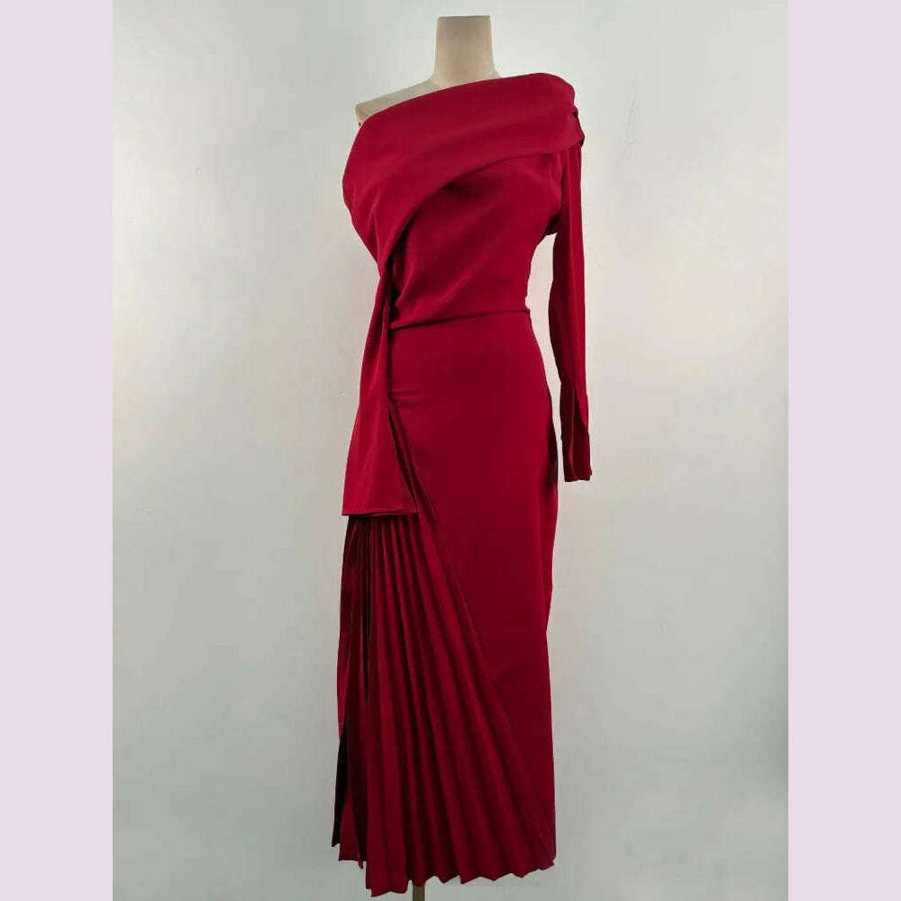 DEAT Fashion Women's Elegant Dress Folds Diagonal Collar Slim High Waist Side Slit Pleated Ankle-length Dresses Autumn 2025 New