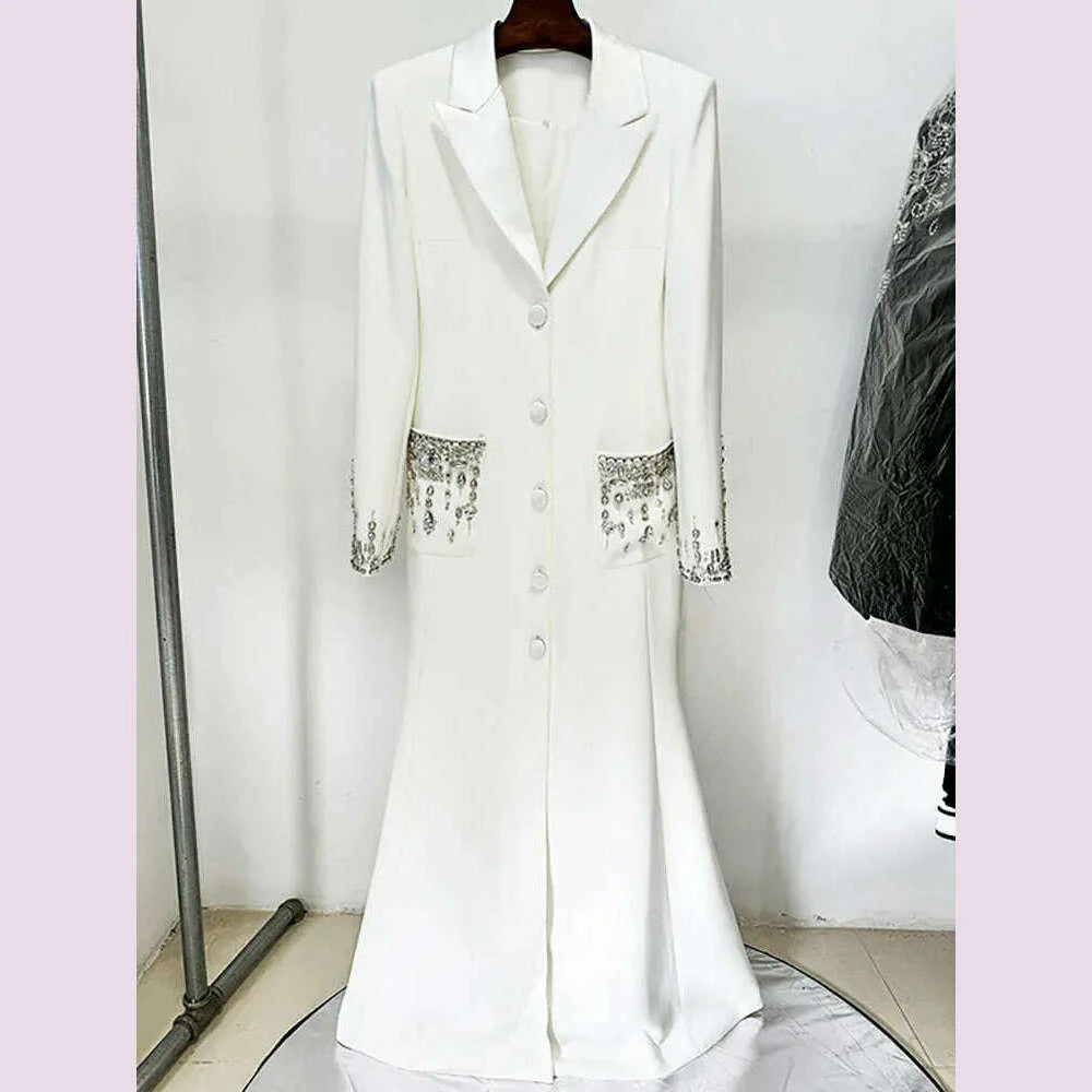DEAT Women's Fashion Evening Dress Notched Collar Single Breasted Diamond Setting Waist Elegant Party Dresses Summer 2024 New