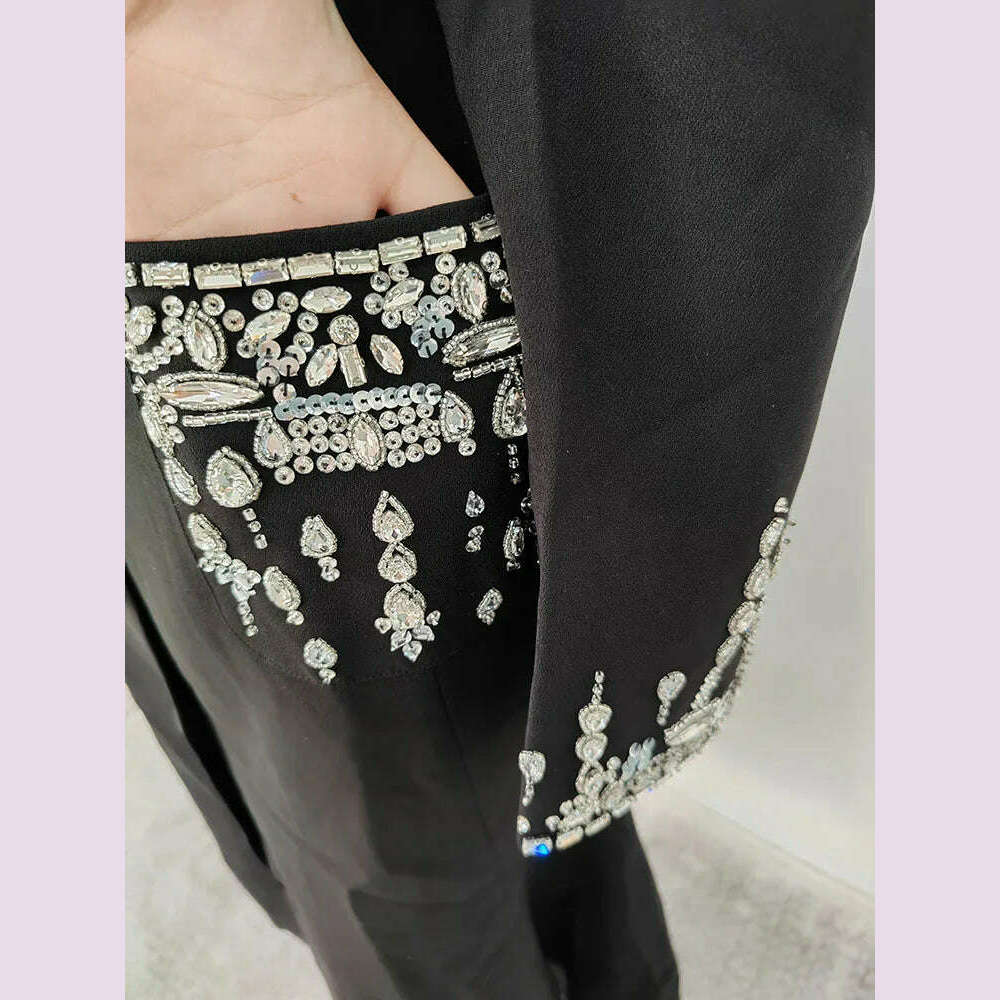 DEAT Women's Fashion Evening Dress Notched Collar Single Breasted Diamond Setting Waist Elegant Party Dresses Summer 2024 New