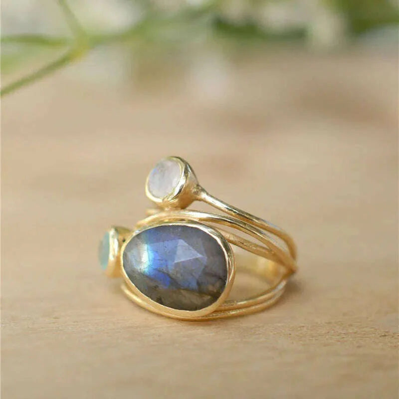 Delicate Multi-layers Cross Moonstone Rings for Women Boho Gold Color Round Opal Resin Simulated Shell Rings