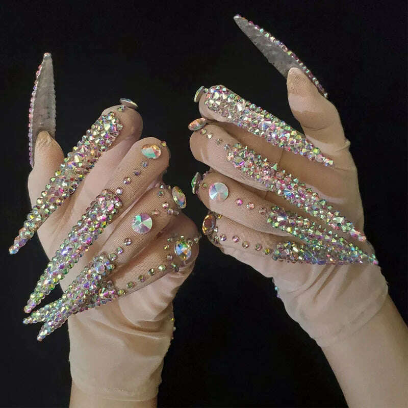 Deluxe AB Diamond Pearl Long Nails Diamond Shiny Short Gloves