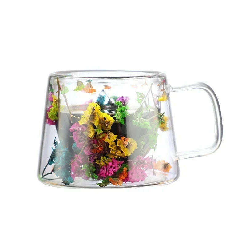 Double Wall Dry Flowers Transparent Glass Coffee Cup with Handle Double-layer Heat Insulation High Temperature Juice Milk Cup