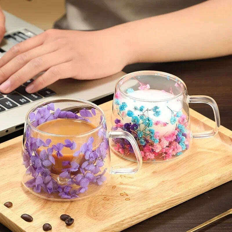 Double Wall Dry Flowers Transparent Glass Coffee Cup with Handle Double-layer Heat Insulation High Temperature Juice Milk Cup