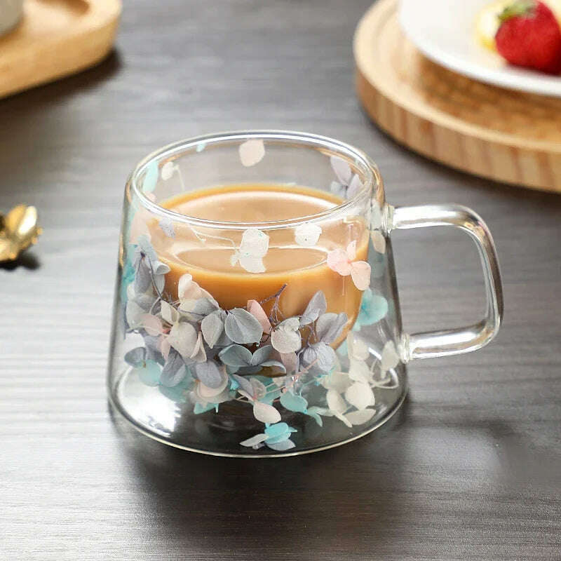 Double Wall Dry Flowers Transparent Glass Coffee Cup with Handle Double-layer Heat Insulation High Temperature Juice Milk Cup