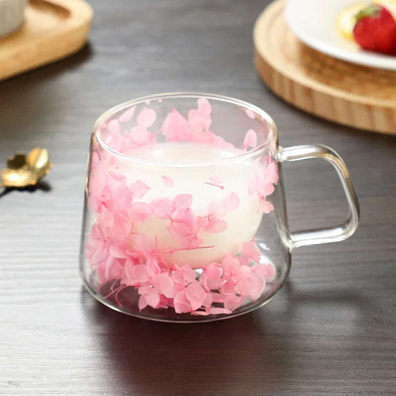 Double Wall Dry Flowers Transparent Glass Coffee Cup with Handle Double-layer Heat Insulation High Temperature Juice Milk Cup