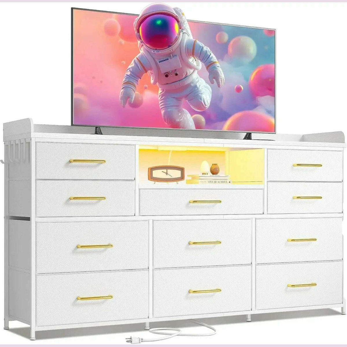Dresser for Bedroom with 11 Drawers for 60" TV Stand for Bedroom with LED Lights & Charging Station Long Dresser with Shelves