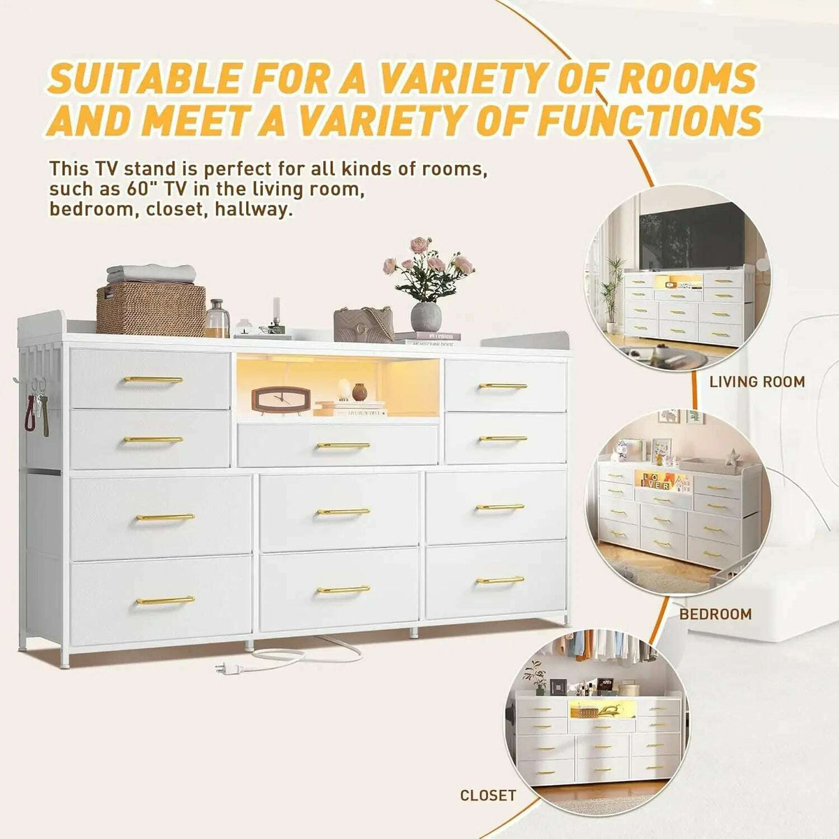 Dresser for Bedroom with 11 Drawers for 60" TV Stand for Bedroom with LED Lights & Charging Station Long Dresser with Shelves