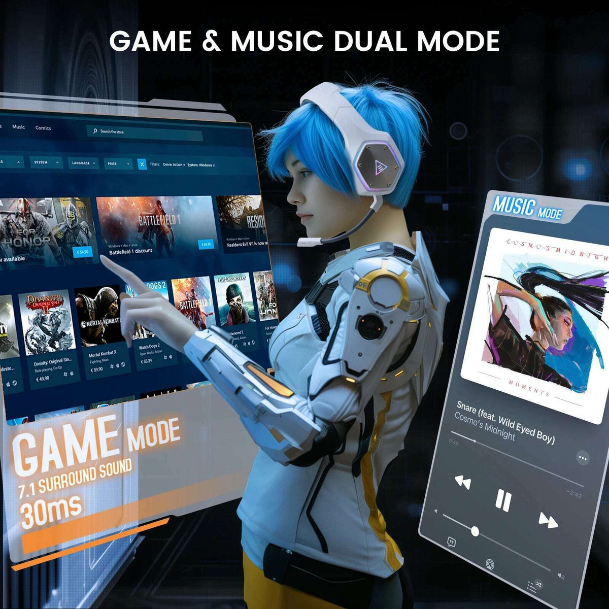 EKSA E1000 WT 2.4G Low Latency Wireless+Wired Gaming Headphones for PC/PS4/PS5/Xbox, 7.1 Surround Headset Gamer with Microphone