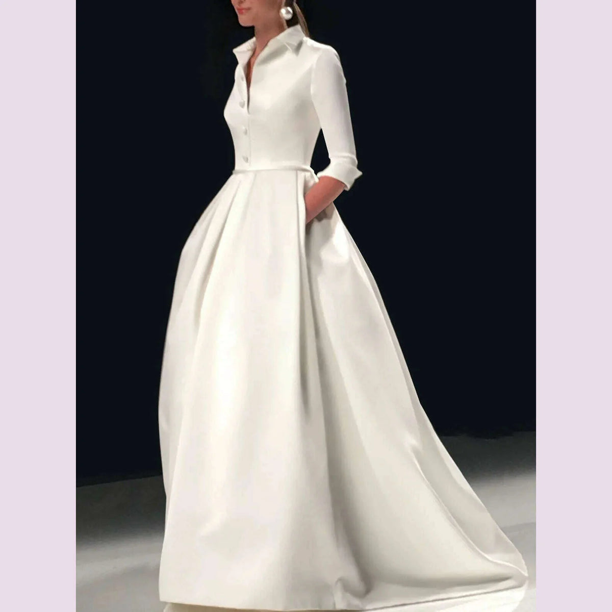 Elegant A Line Maxi Wedding Dress Women Solid Party Evening Bridesmaid Long Dress Pockets Turndown Collar Women Vestidos