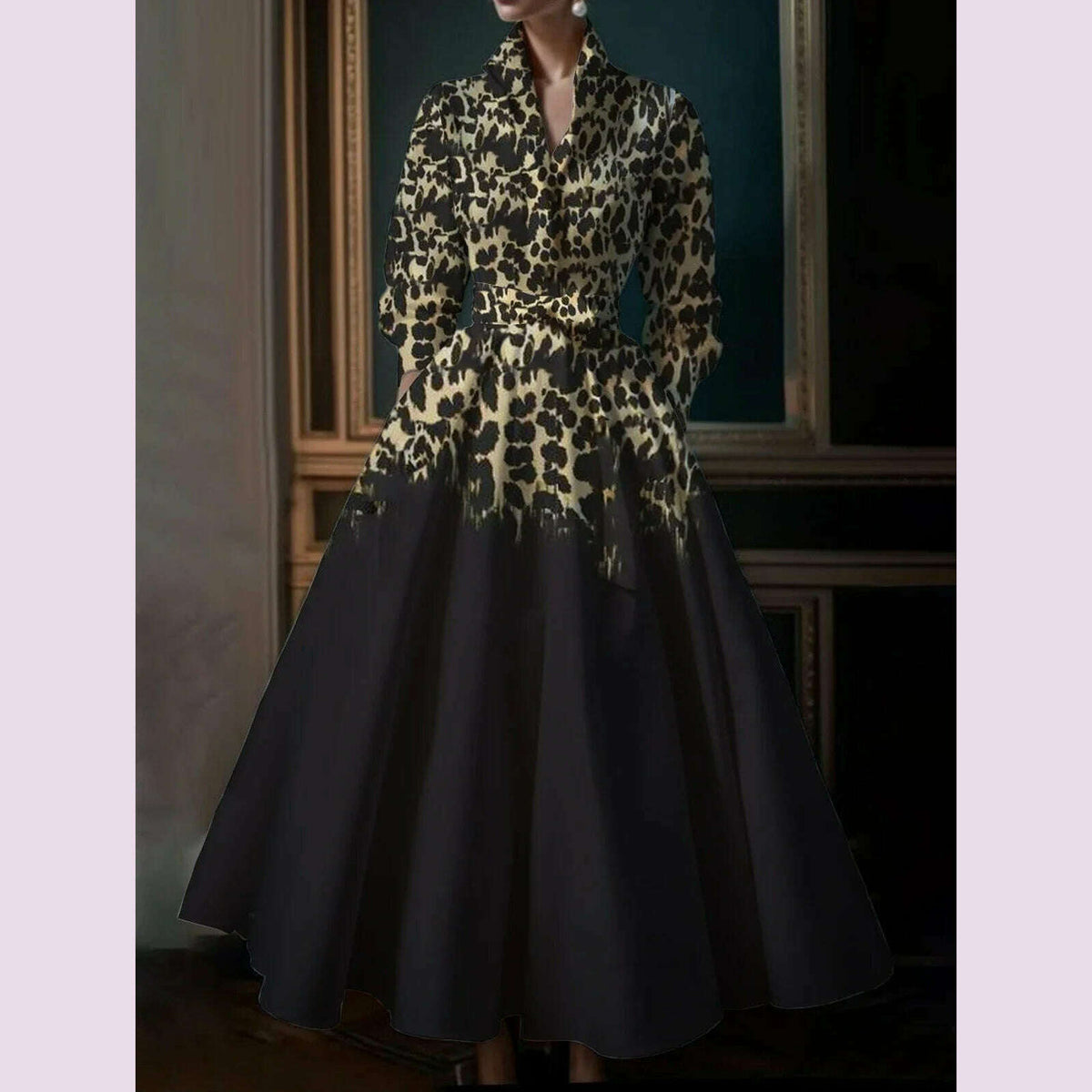 Elegant Commuter Retro Boho Leopard Pattern Women's Big Size Dress New High Street Standing Collar Loose Big Swing Shirt Dresses