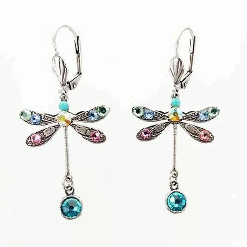 Elegant Personalized Carved Dragonfly Earrings Seven colored gems Hook Drop Earrings Wedding Engagement Earrings for women