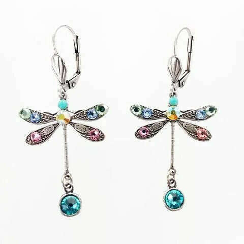 Elegant Personalized Carved Dragonfly Earrings Seven colored gems Hook Drop Earrings Wedding Engagement Earrings for women