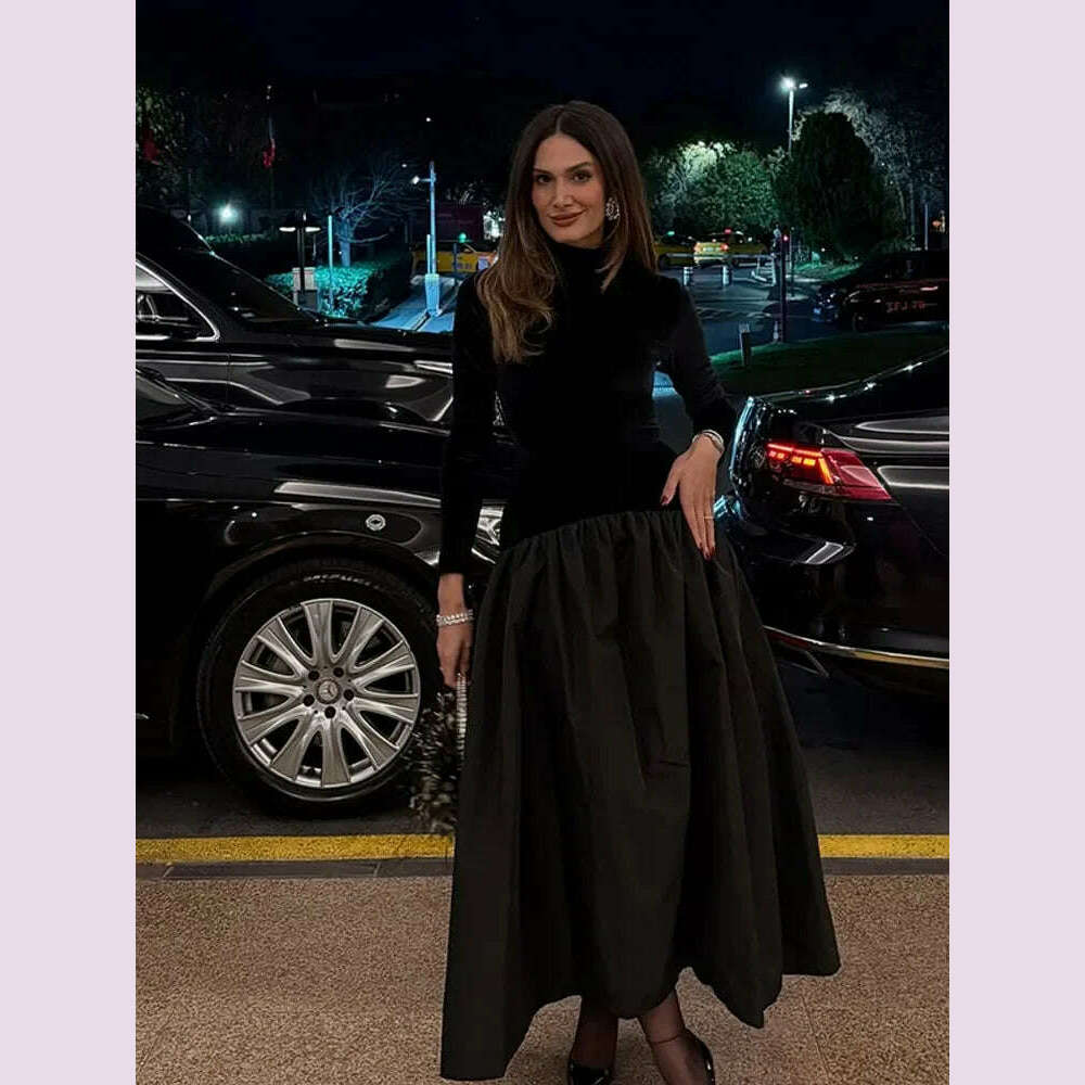 Elegant Velvet Patchwork Pleated Hem Black Maxi Dress Chic Mock Turtleneck Full Sleeve A-line Robes 2024 Winter Lady Party Gowns