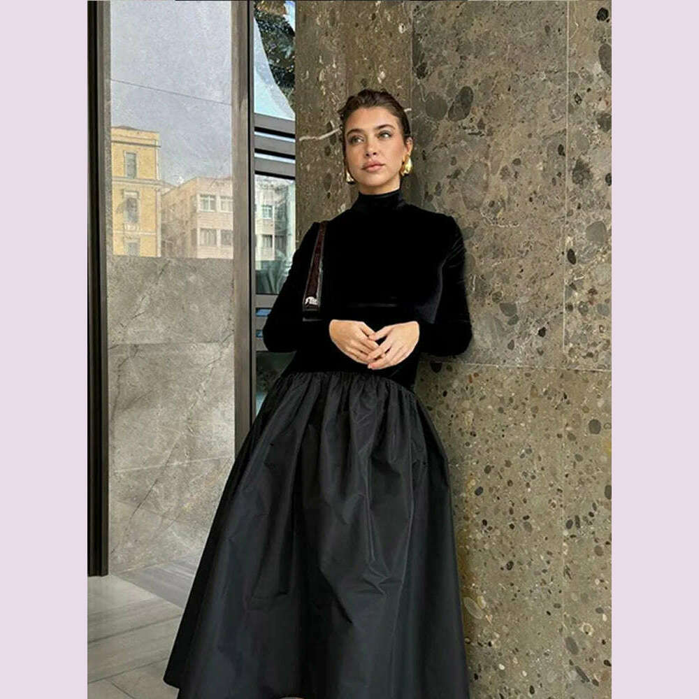 Elegant Velvet Patchwork Pleated Hem Black Maxi Dress Chic Mock Turtleneck Full Sleeve A-line Robes 2024 Winter Lady Party Gowns