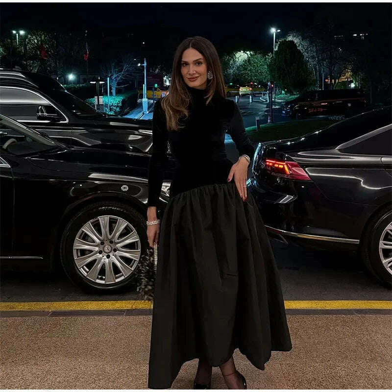 Elegant Velvet Patchwork Pleated Hem Black Maxi Dress Chic Mock Turtleneck Full Sleeve A-line Robes 2024 Winter Lady Party Gowns