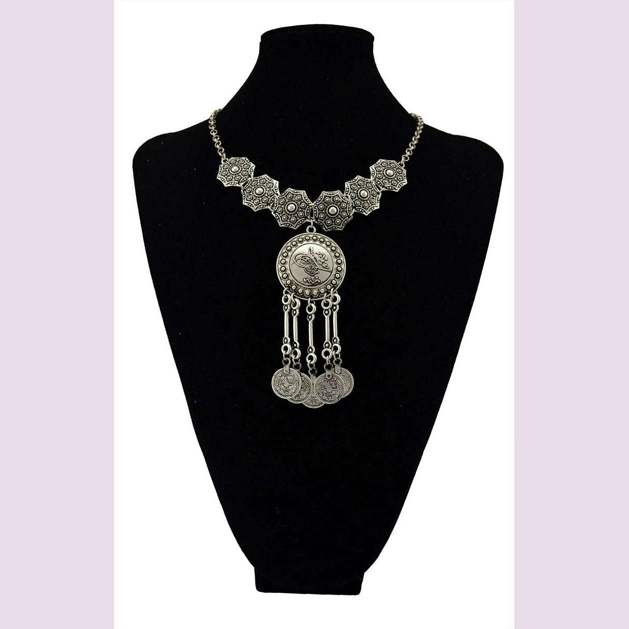 Ethnic Gypsy Vintage Metal Coin Tassel Necklaces Carved Flower For Women Boho Tibetan Silver Necklaces Turkish Tribal Jewelry
