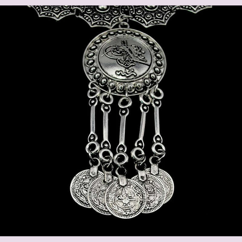 Ethnic Gypsy Vintage Metal Coin Tassel Necklaces Carved Flower For Women Boho Tibetan Silver Necklaces Turkish Tribal Jewelry