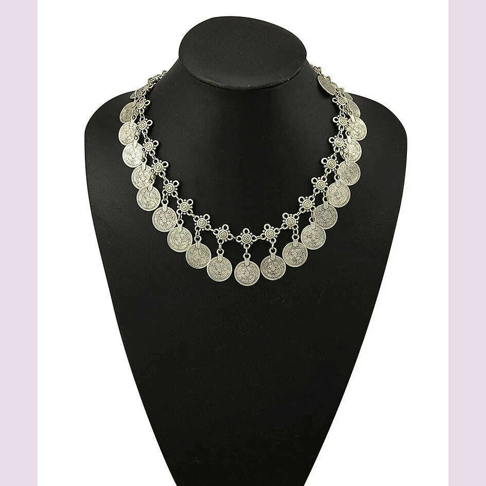 Ethnic Gypsy Vintage Metal Coin Tassel Necklaces Carved Flower For Women Boho Tibetan Silver Necklaces Turkish Tribal Jewelry